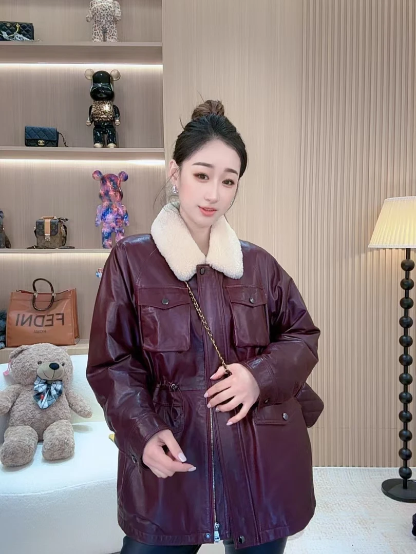 【若楠服饰】羊皮中长款收腰加厚红色女士皮衣外套-2493