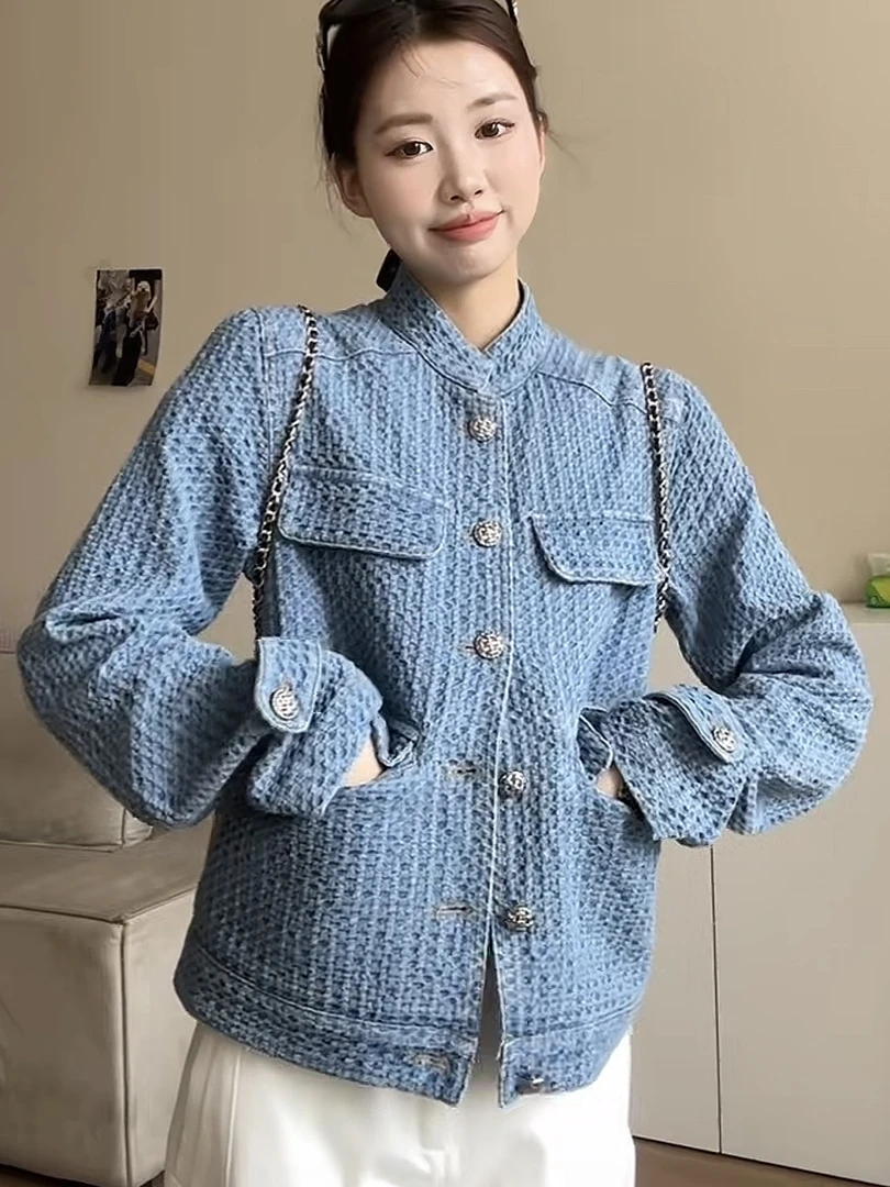 小香风复古蓝色牛仔外套女早春季高级感宽松夹克气质洋气长袖上衣
