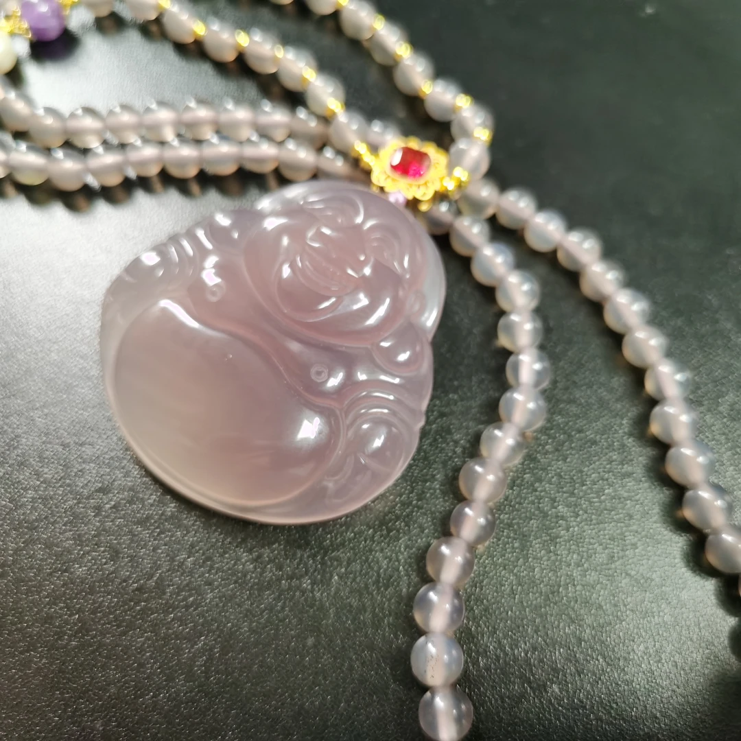 冰烟紫大佛公 笑脸大肚佛弥勒佛 立体大厚装吊坠配精美珠链