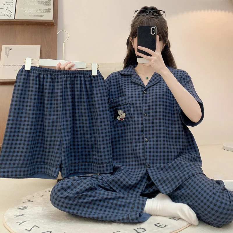 夏季云朵绵睡衣女款短袖三件套加大码200斤宽松格子家居服套装