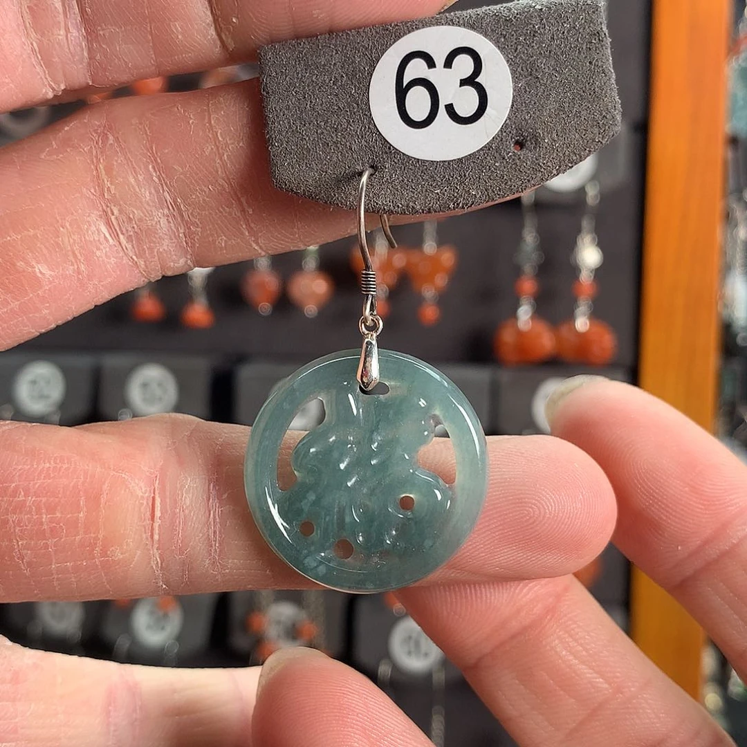 银S925镶嵌翡翠耳饰福**量63