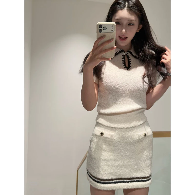 韩系财阀千金范时尚洋气李校长针织翻领休闲上衣高腰包臀半身裙女