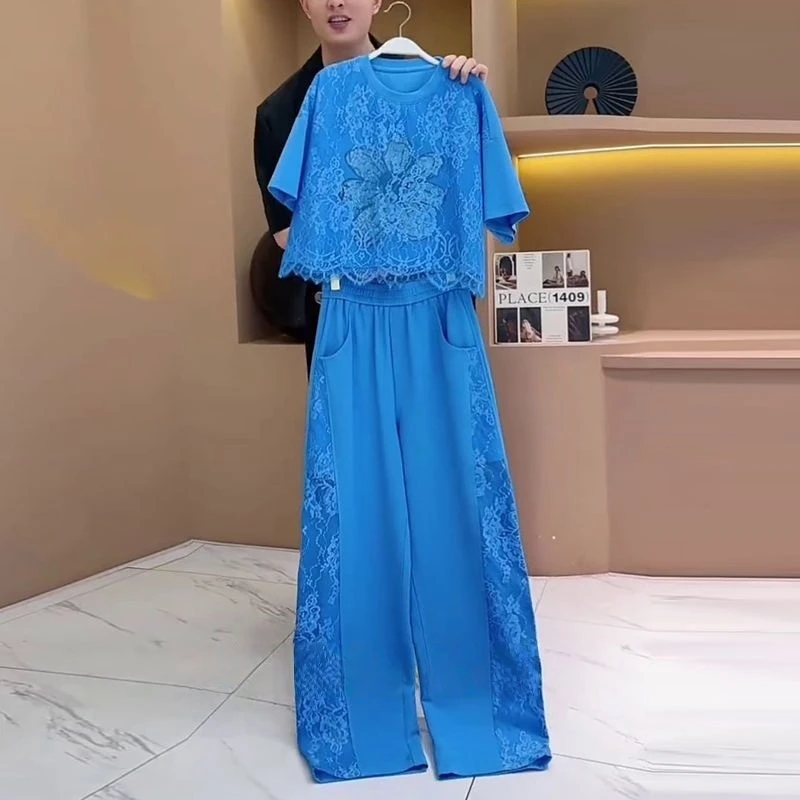 欧货蓝色运动套装女夏季2025新款时尚洋气烫钻蕾丝拼接短袖两件套