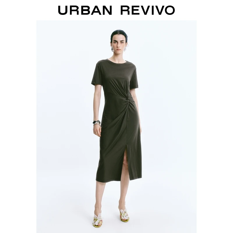 UR2025夏季新款女装休闲通勤扭结开衩短袖连衣裙UWM750071