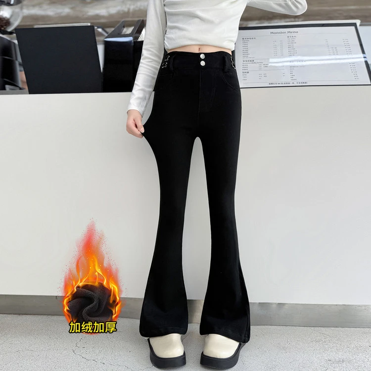 女童秋冬显瘦高腰微喇裤中大童百搭修身加厚高弹力加绒黑色喇叭裤