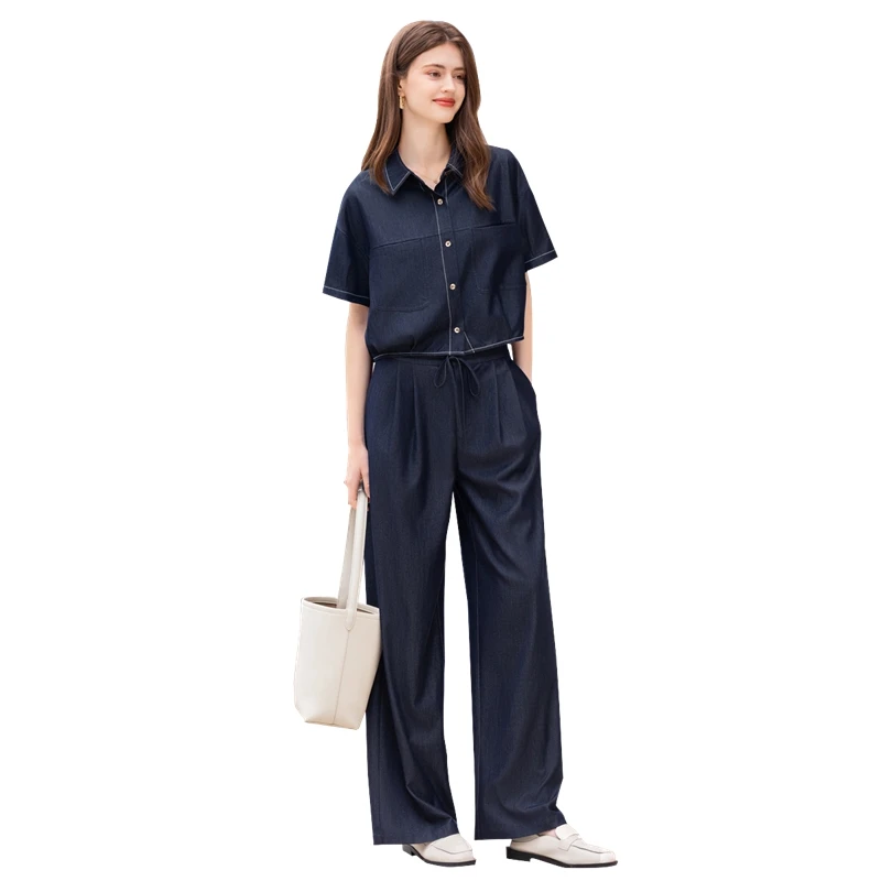 她池2025春装新款女装翻领上衣搭宽松阔腿裤两件套套装T51B0081N
