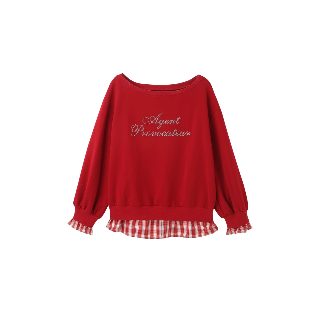 宋正恩红色斜肩烫钻宽松卫衣女格纹拼接韩系设计感休闲上衣SH337