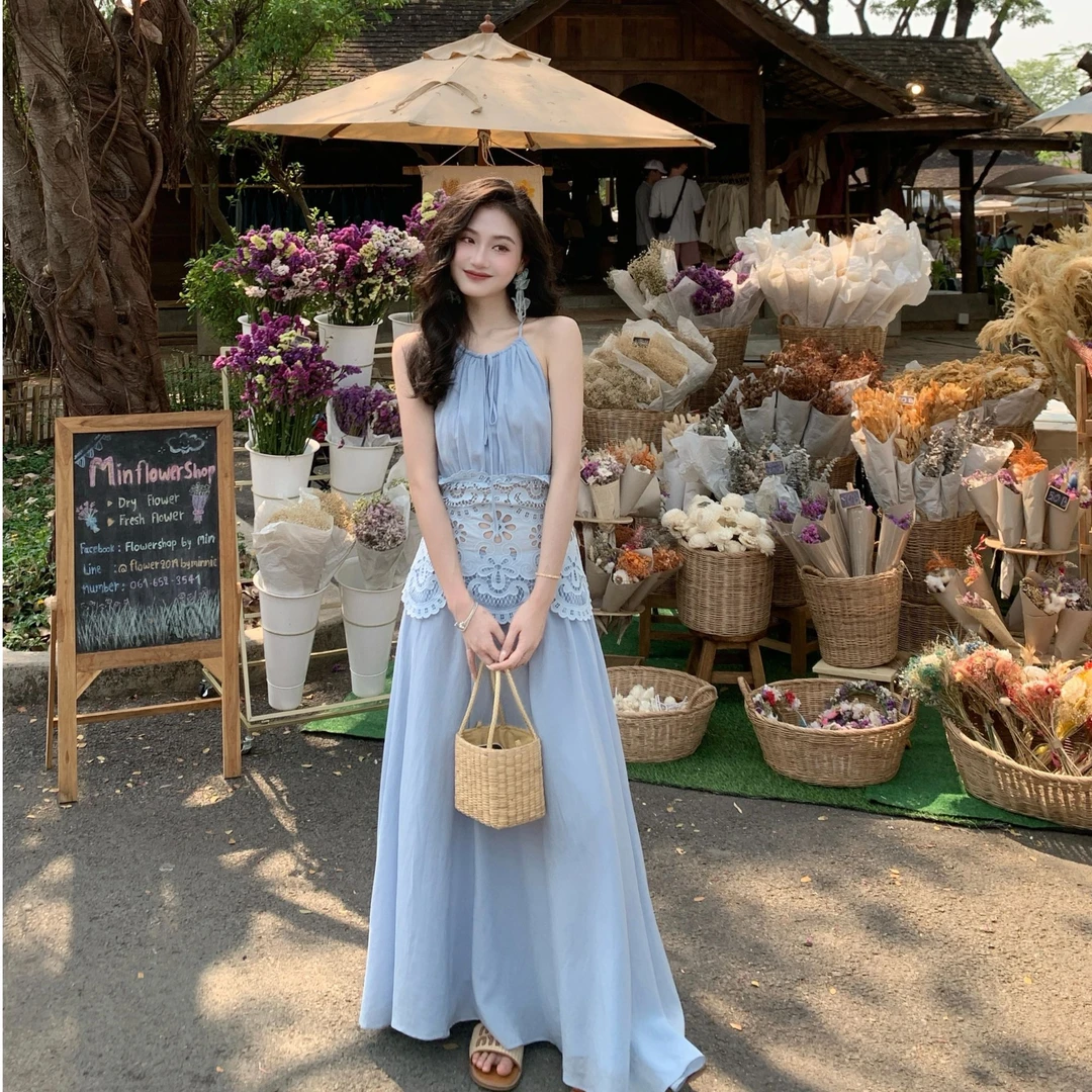 tina fairy/挂脖刺绣连衣裙，两色