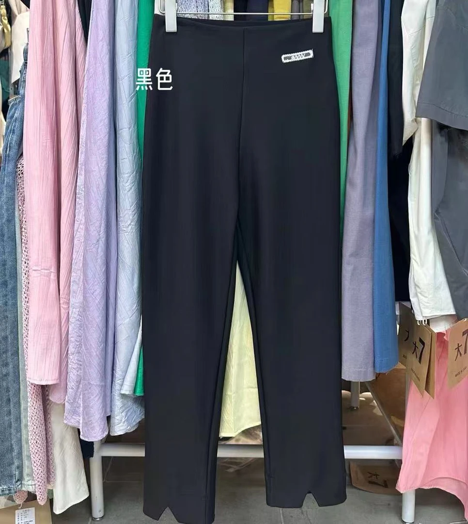 4069号#20989#纯色百搭弹力腰蕾丝贴布设计显瘦小黑裤