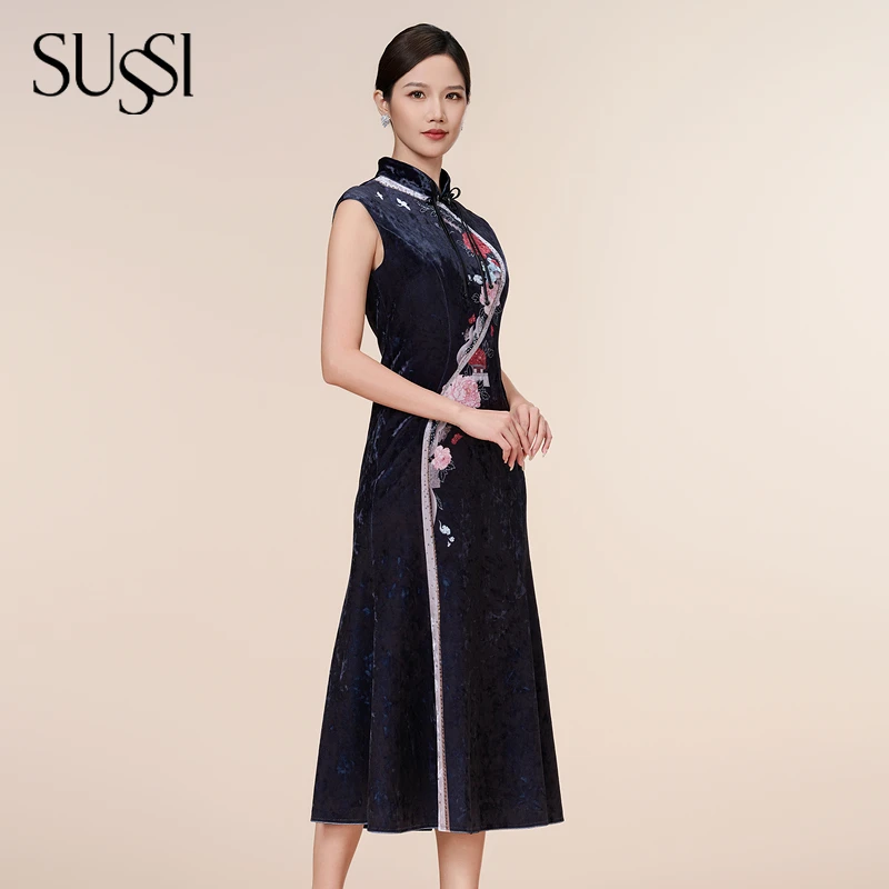 SUSSI/古色24冬季新品商场同款中式丝绒印花高级感旗袍裙