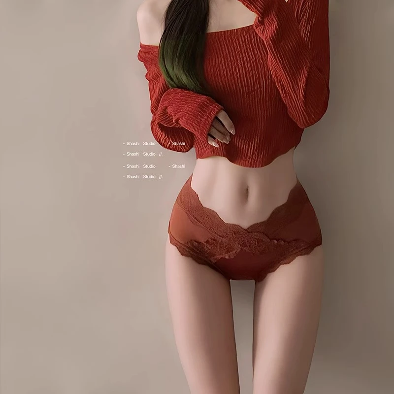 莎饰蕾丝7A红色抑菌透气内裤女夏季冰丝中腰包臀性感裸感三角裤女