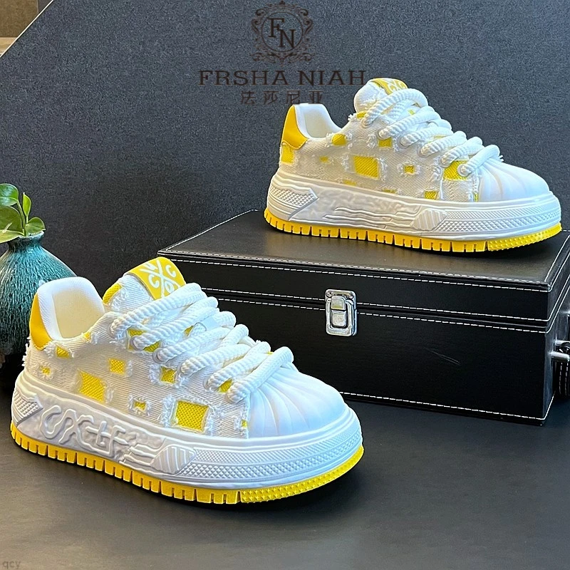 法莎尼亚板鞋男夏季透气白色网面小白鞋韩版潮流布面休闲增高厚底