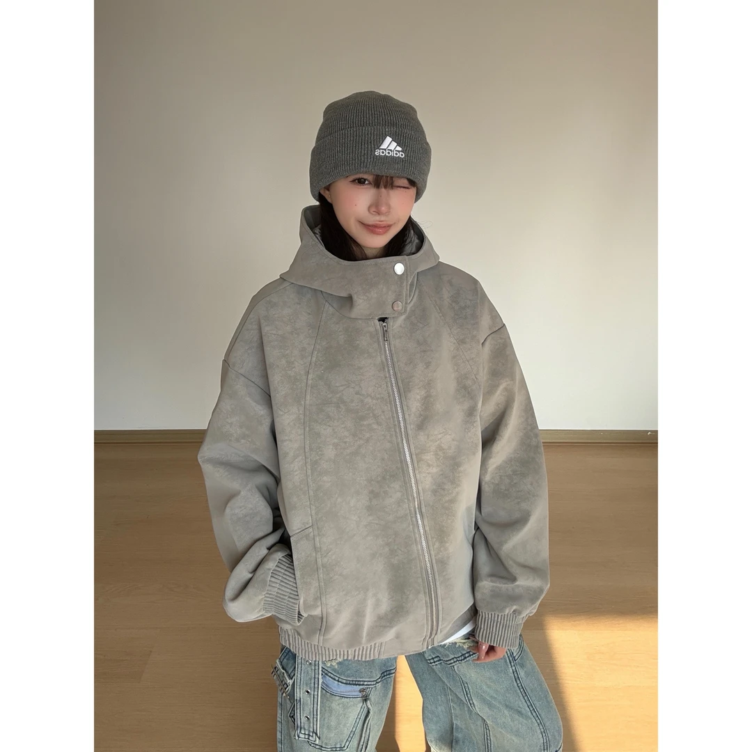 秋冬街头风美式长连帽夹克外套男女同款皮衣卫衣潮牌上衣百搭宽松