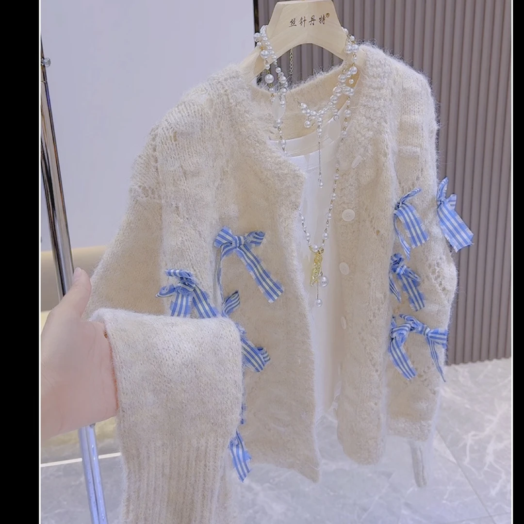 甜美减龄蝴蝶结软糯针织开衫女秋季新款洋气宽松圆领毛衣外套