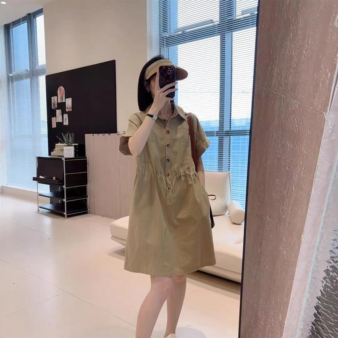 衬衫短袖连衣裙女2025韩系款中长款小个子抽绳酷飒风休闲工装薄款