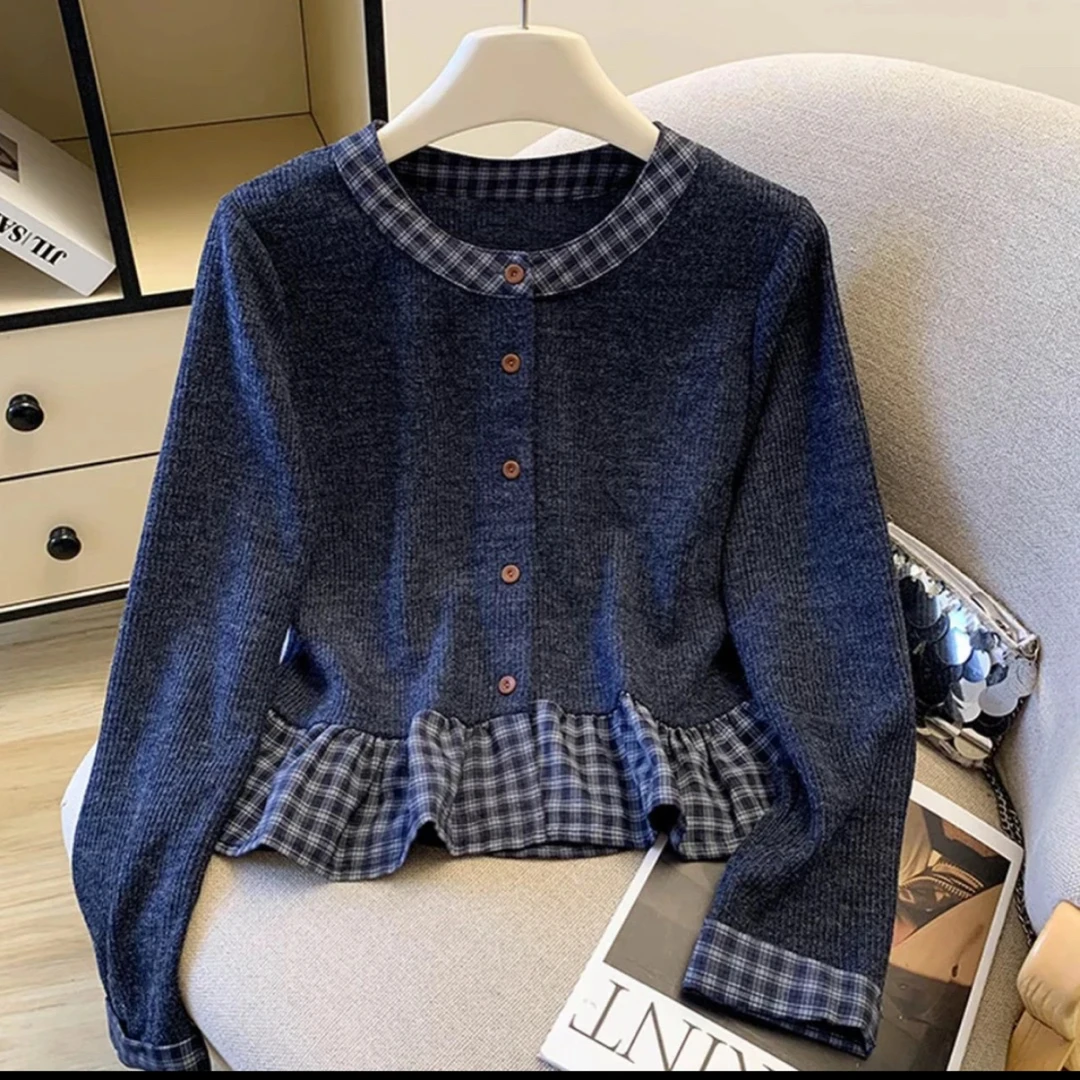 韩系撞色假两件拼接长袖衬衫女2025秋冬新款设计感荷叶边短款上衣