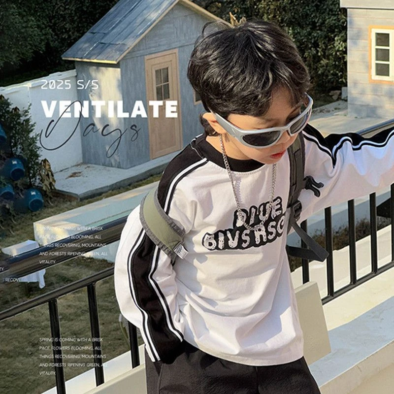 男童长袖t恤2025秋季新款儿童白色拼带条纹上衣男童帅气打底衫潮