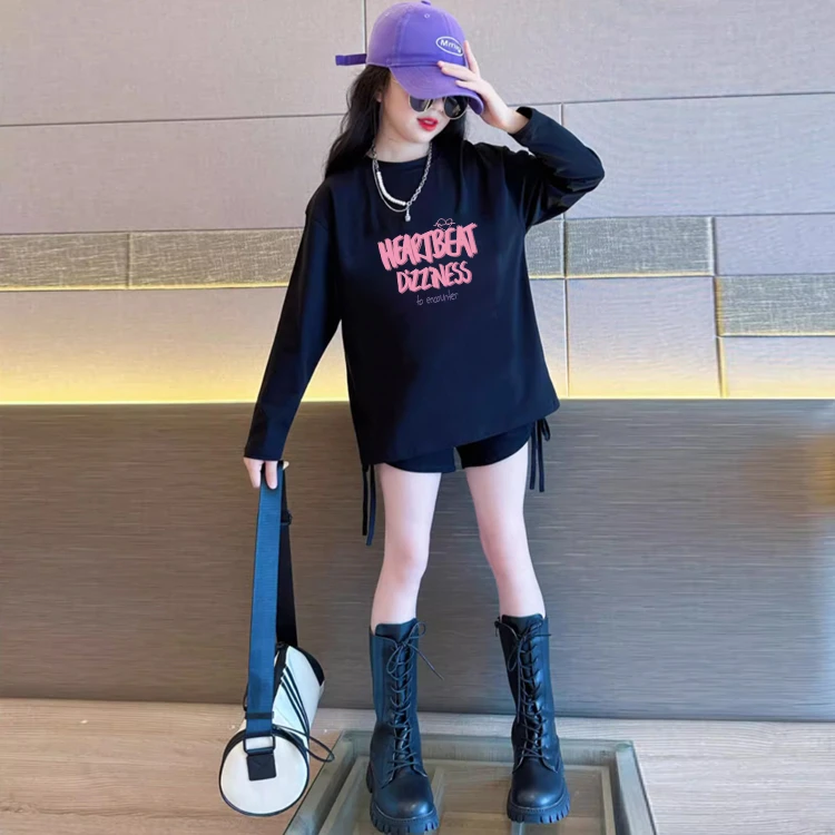 女童长袖宽松t恤纯棉2025新款爆款大版黑色洋气儿童童装韩版上衣