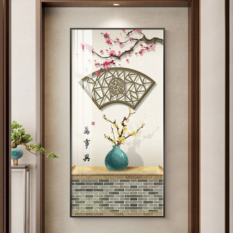 新中式玄关装饰画大气轻奢走廊过道挂画寓意好入户正对面竖版壁画