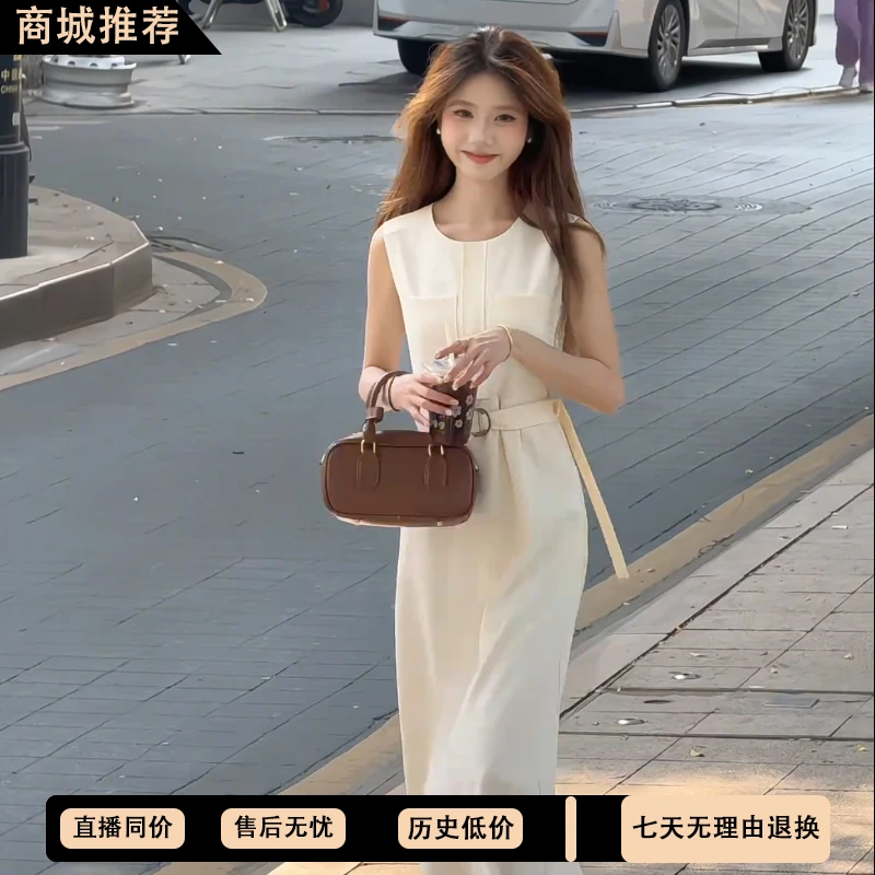 夏季法式圆领口袋收腰白色长裙慵懒修身显瘦法式连衣裙