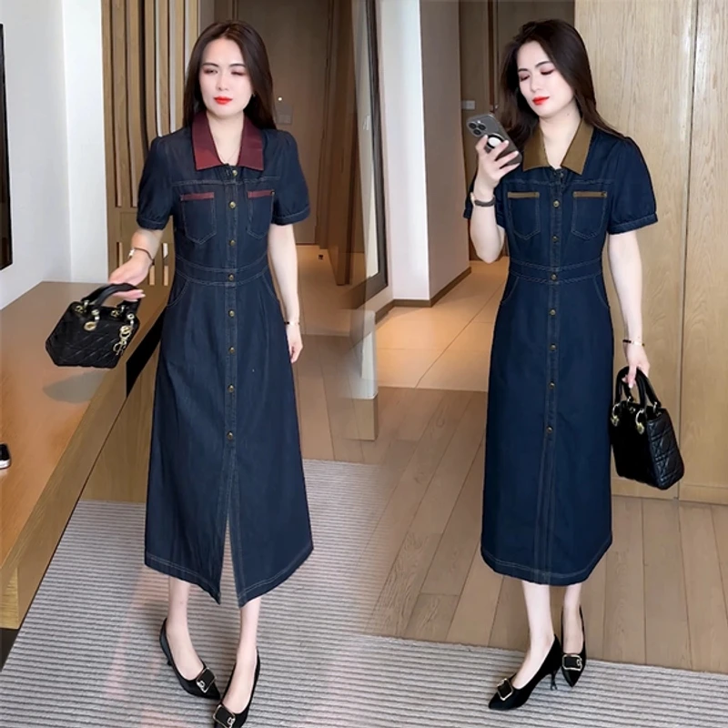 夏季新款时尚穿搭休闲气质洋气减龄显瘦短袖连衣裙复古裙子中长款