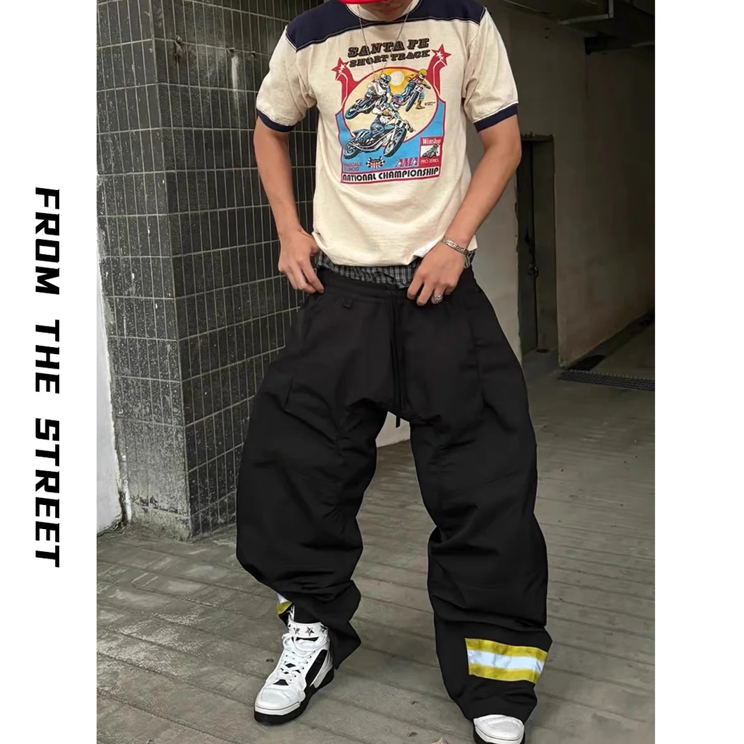 来自街头消防工装裤弧形弯刀立体廓型宽松阔腿堆积反光休闲滑雪裤