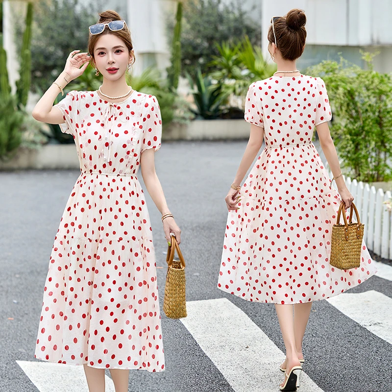 法式波点连衣裙洋气衣服女夏季新款时尚收腰显瘦气质小清新长裙子