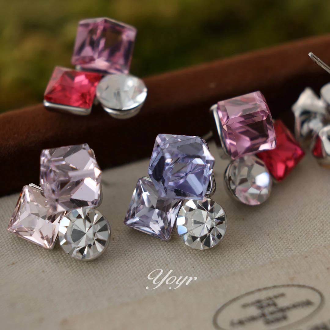 YOYR 黄铜耳饰 梦幻锆石三钻耳钉气质轻奢小众炫彩精致时尚耳环女