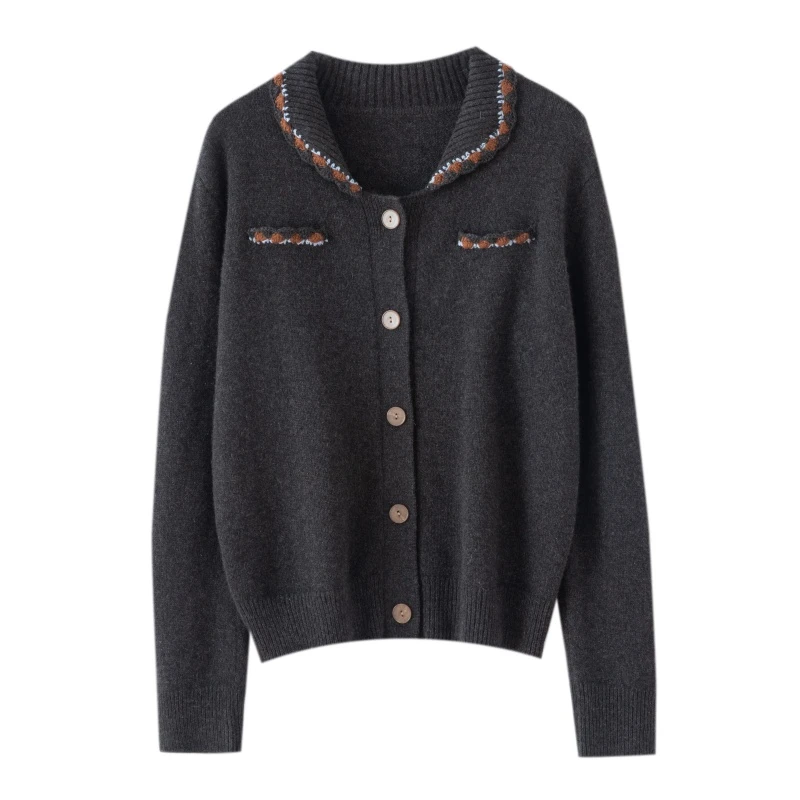 手工勾花领边100%纯羊绒开衫复古撞色翻领口袋毛衣女2025秋季新款