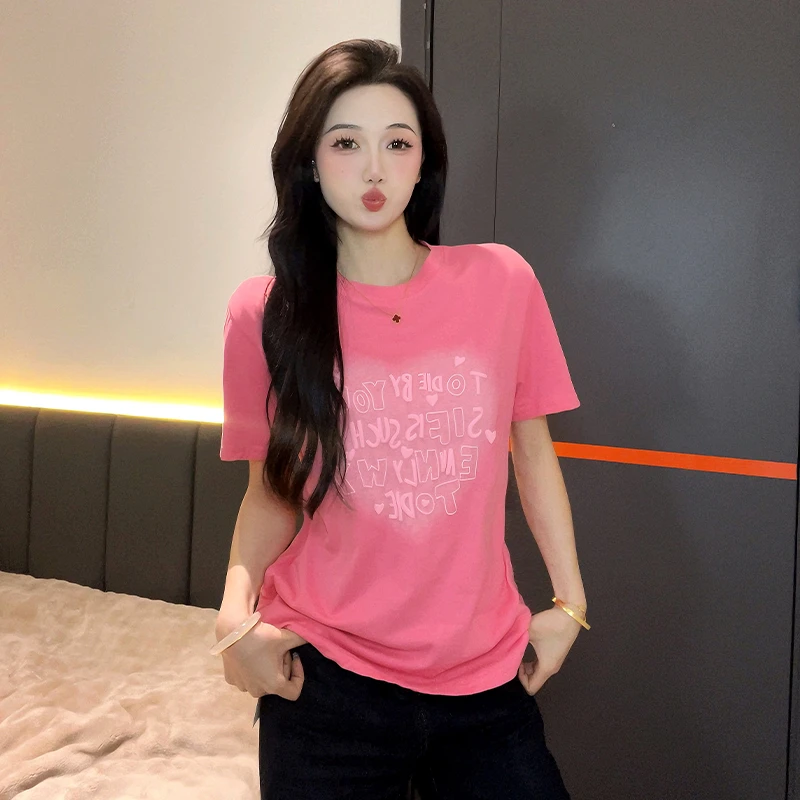 Moses Queen/魔西女王短袖T恤女字母胖妹妹时尚百搭显瘦圆领上衣