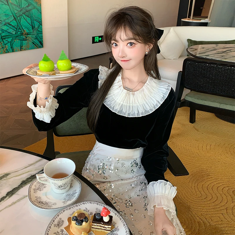 【现货】MIUCO撞色百褶花边领拼接袖口复古黑色丝绒上衣