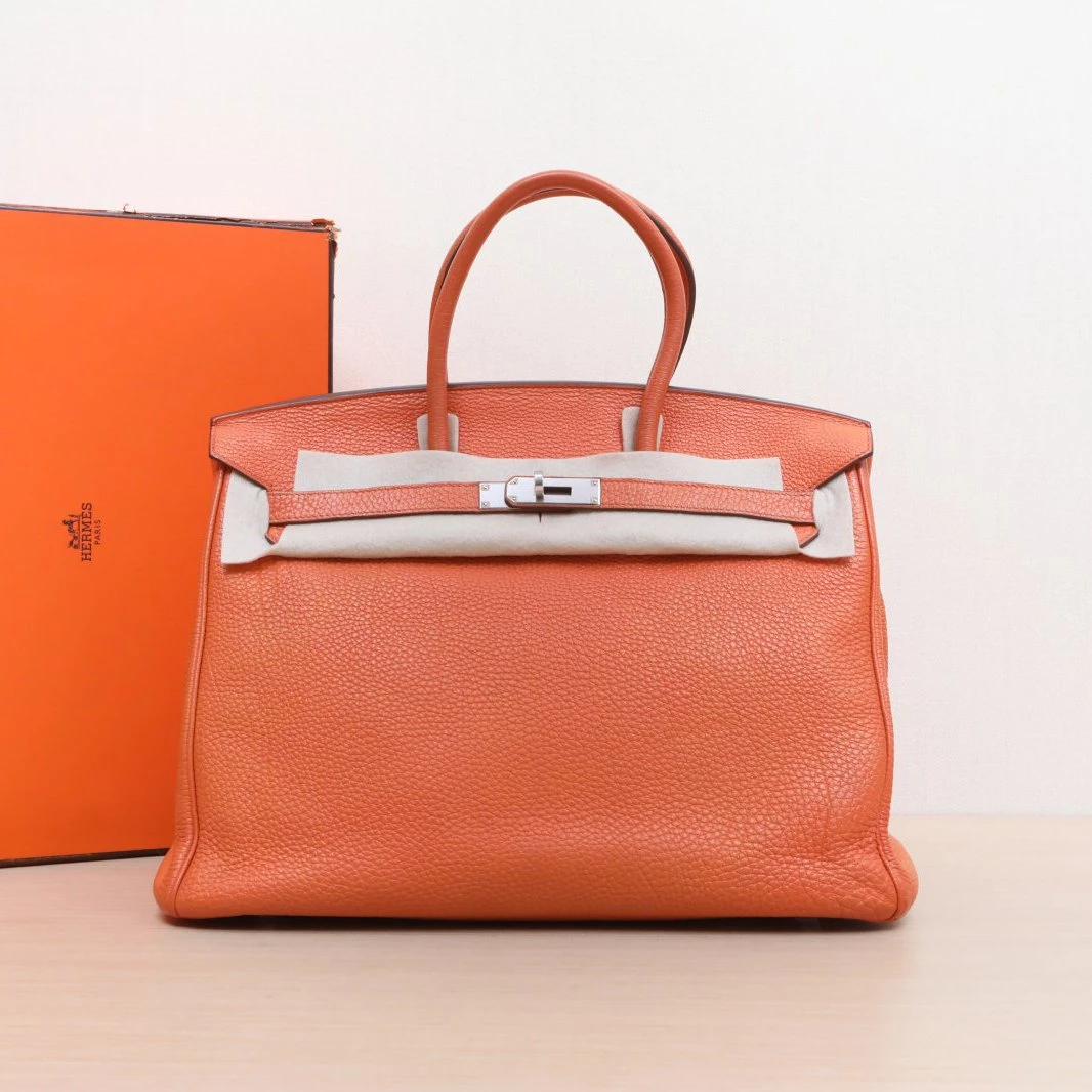 95新 Hermes/爱马仕 小花Jerry活动Birkin 35 爱马仕橙 框N银扣包