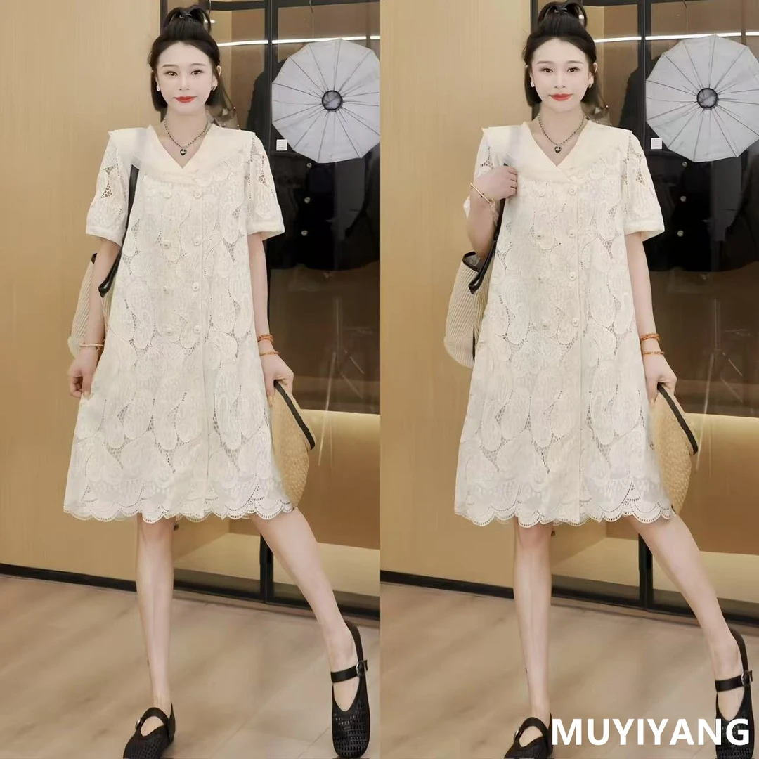 【诗柔】独特设计感荷叶领刺绣镂空高定连衣裙 裙长97 25-359#