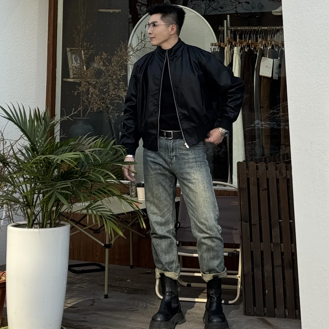 HG-小众立领短款简约修身皮衣夹克外套