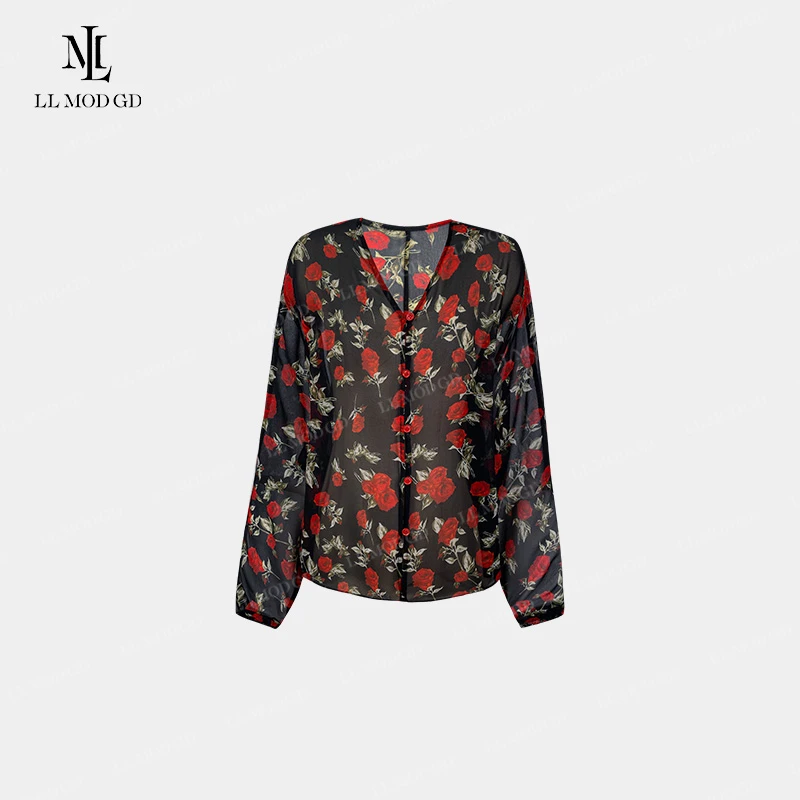 玫瑰的故事 港风复古V领印花长袖防晒衬衫宽松小众设计YL-261762