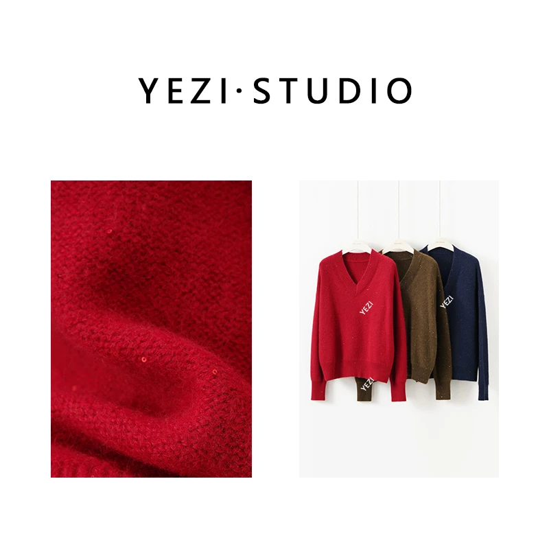 【星空】经典V领浣熊绒拼珠片慵懒廓形套头针织衫23419218