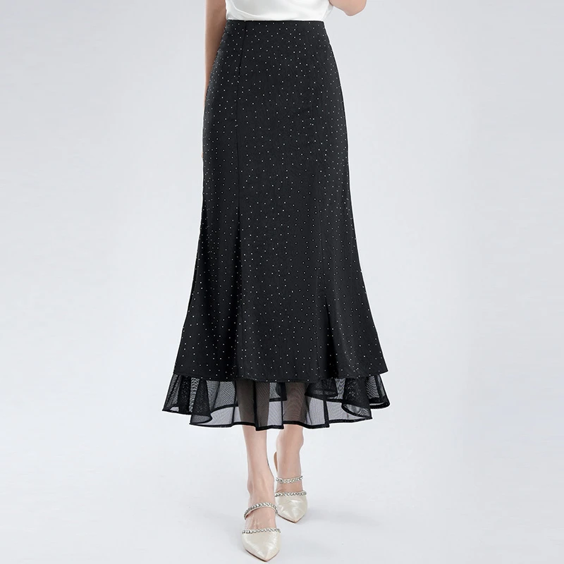 时尚点钻网纱边鱼尾半身裙女2025春夏新款高腰显瘦气质包臀裙长裙