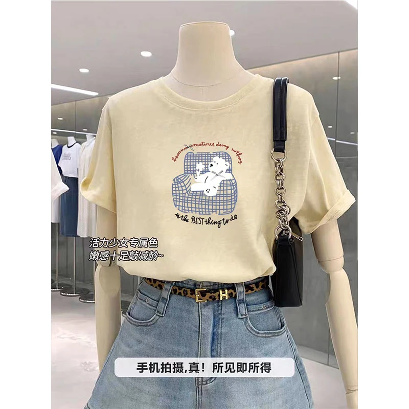 夏季热卖款浅黄色t恤女圆领雪花棉短袖韩系休闲高级感优质正肩显