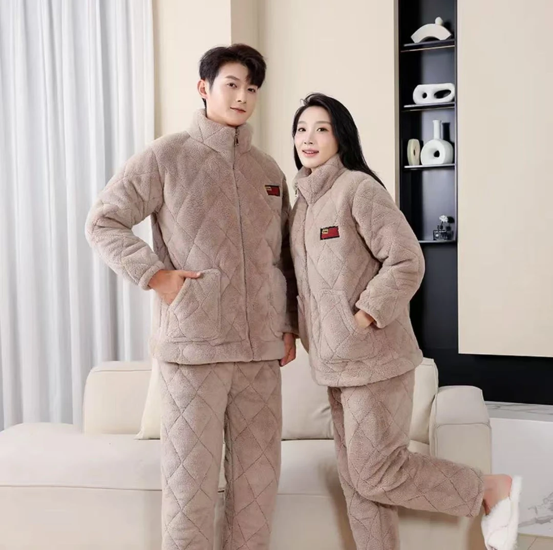 2024冬季情侣款米粒绒三层夹棉加厚拉链防风特厚可外出家居服睡衣