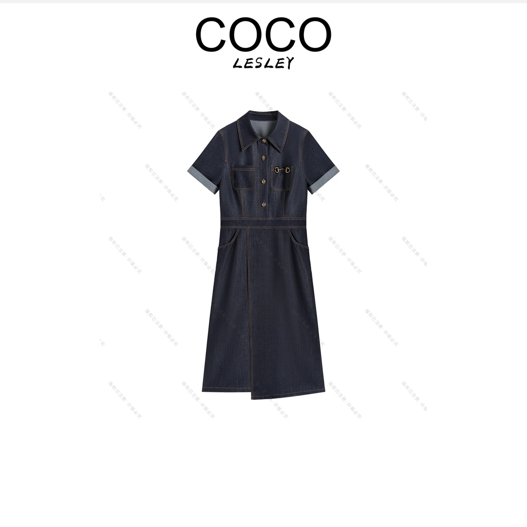 【南油虹姐】2025不规则深蓝牛仔复古翻领法式收腰显瘦连衣裙