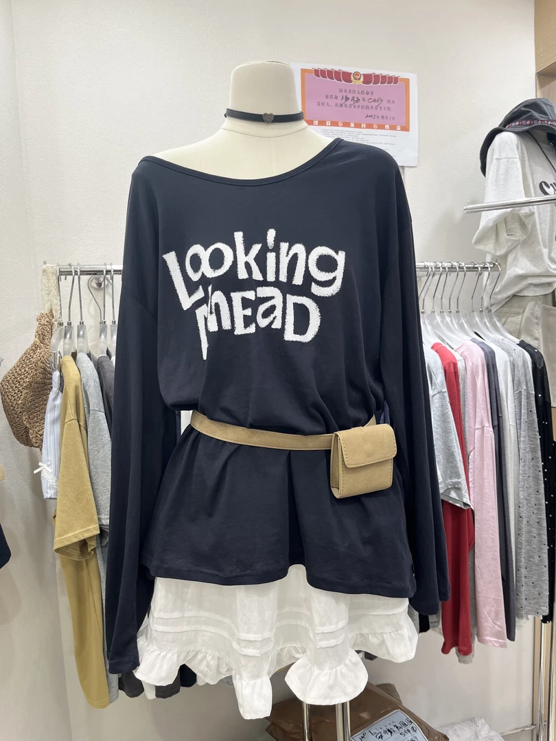 温柔瑶-Eleven#韩系百搭字母宽松大领防晒上衣#1661