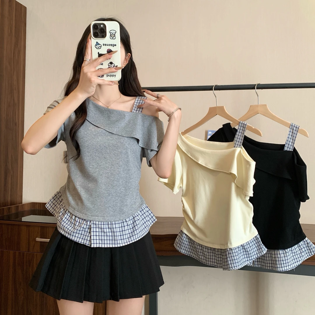 2025年大码女装新款斜肩收腰显瘦拼接短袖T恤上衣3210