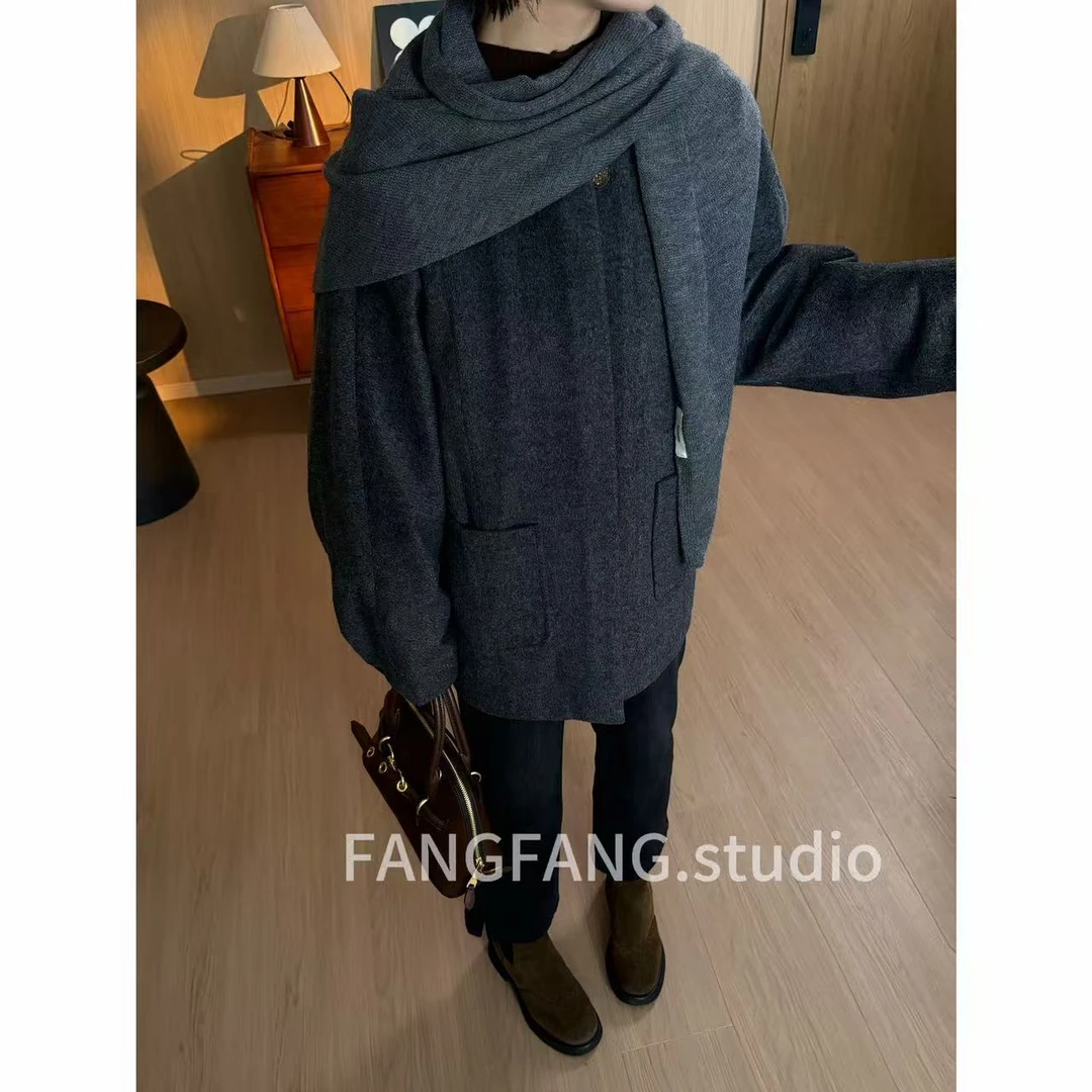 F.F长款冬季长袖保暖休闲百搭毛呢羽绒外套戴围巾两件套9362