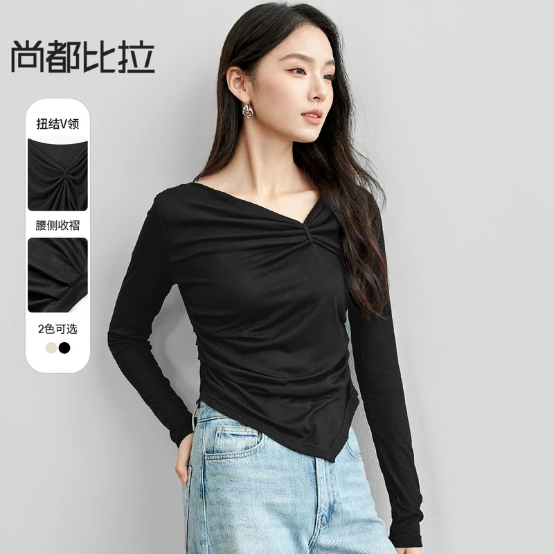 尚都比拉黑色打底衫女春冬新款不规则上衣小个子短款针织衫58279