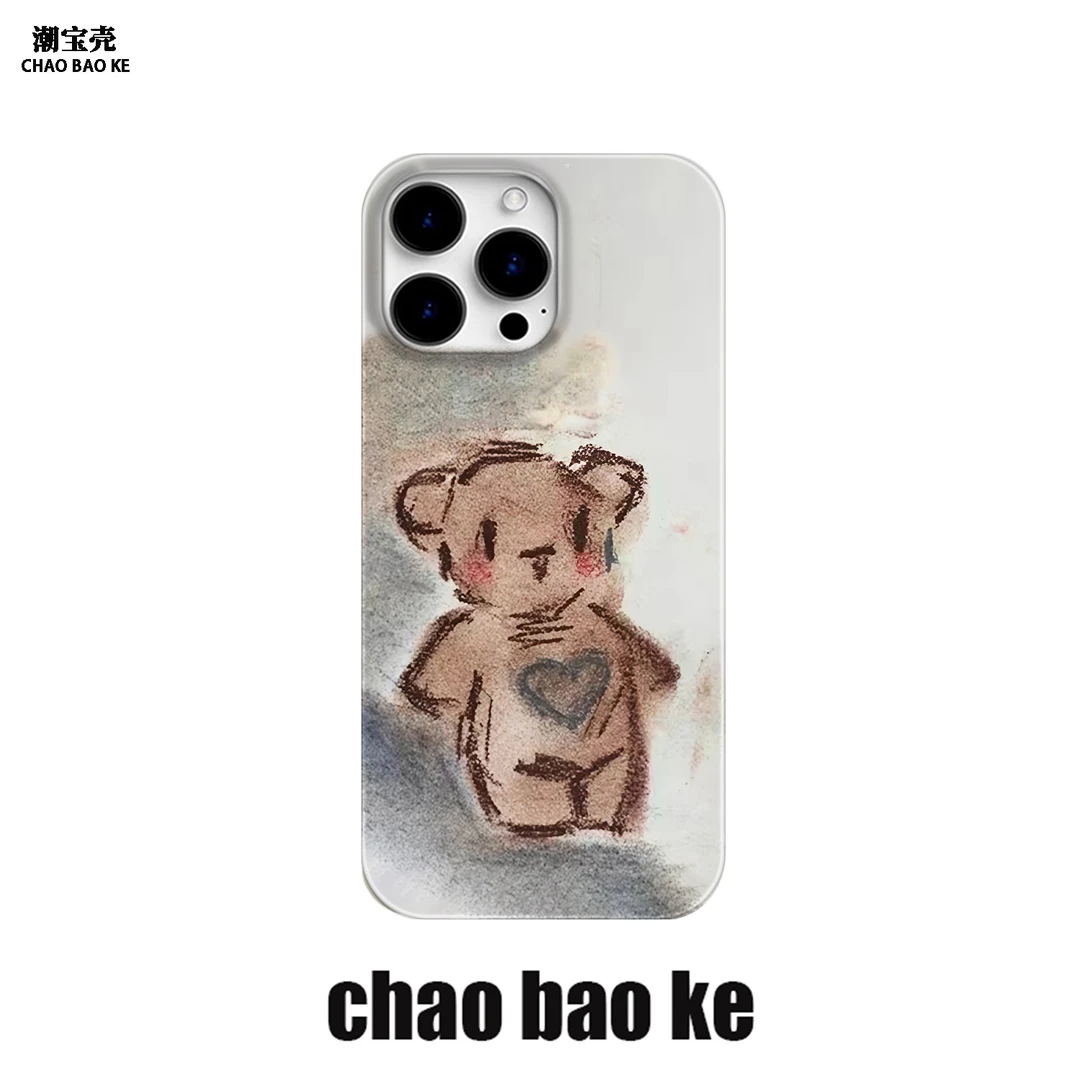 涂鸦心心小熊手机壳适用于苹果16promax趣味iphone15pro小众14/13
