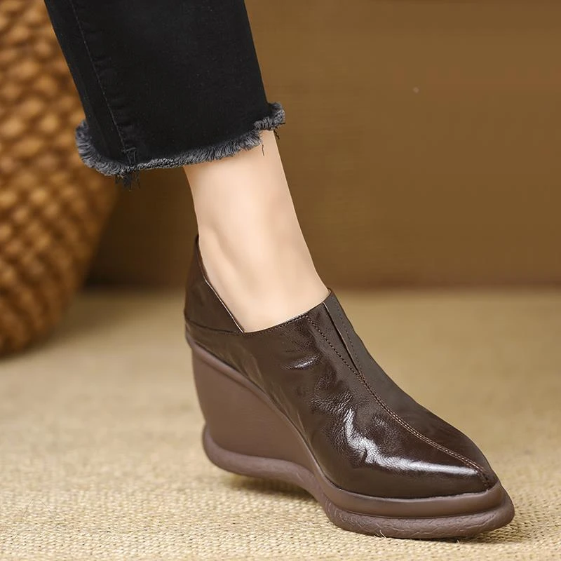 怀鸢~8厘米头层手抓羊皮尖头坡跟高跟鞋厚底防水台深口单鞋女春