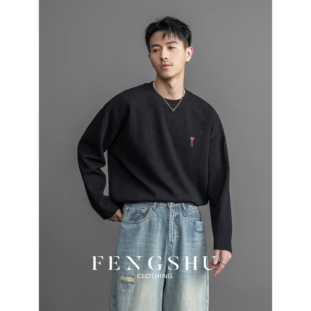 FENGSHU 简约百搭竹节棉舒适圆领宽松长袖T恤男秋季新款刺绣上衣