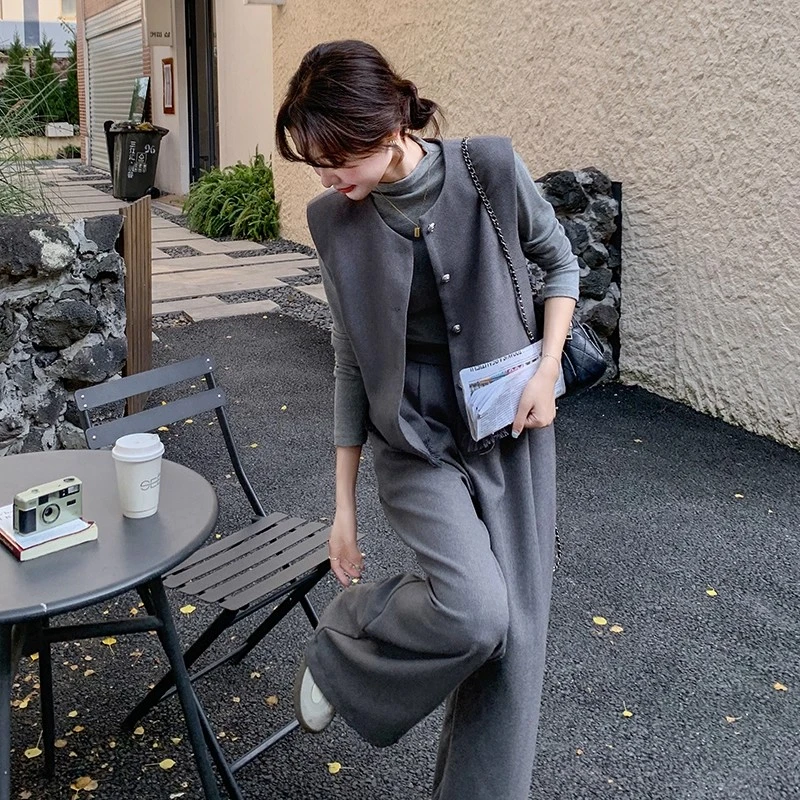 韩系时尚灰色休闲马甲套装女2025秋季新款高级感通勤阔腿裤三件套