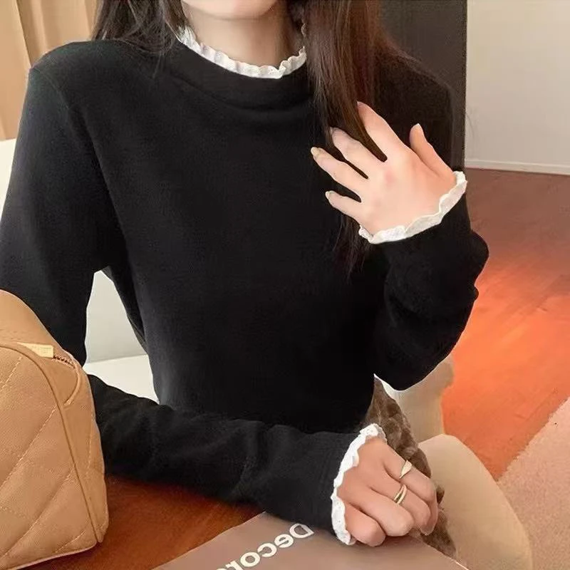 花边拼接半高领打底衫女秋冬修身设计感内搭