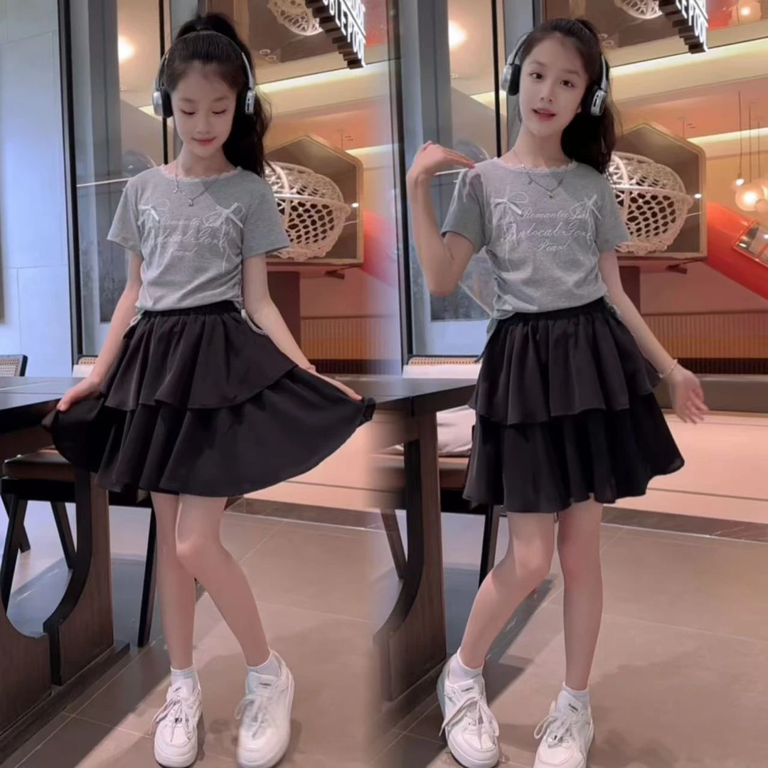 女童短袖T恤套装夏季2025新款大儿童蝴蝶结上衣t花边短裙两件套潮